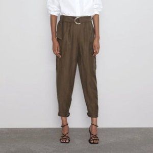 Zara Belted Cargo Straight Wide Leg Cargo Green Tan High Waisted